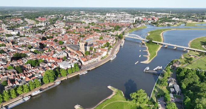Aerial drone view of Deventer, Hanzestad, The Netherlands.