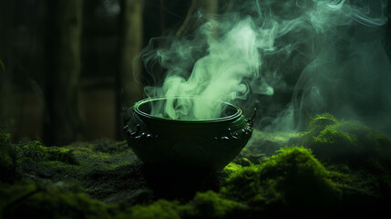 Realistic witch cauldron in a spooky scene with green colored smoke. Witch cauldron for Halloween.