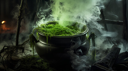 Realistic witch cauldron in a spooky scene with green colored smoke. Witch cauldron for Halloween.