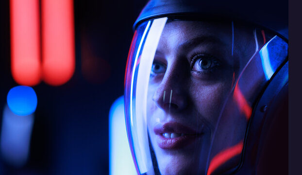 Astronaut in futuristic costume. Girl in glasses of virtual reality while touching air. Augmented reality game, future technology, AI concept. Dark background.