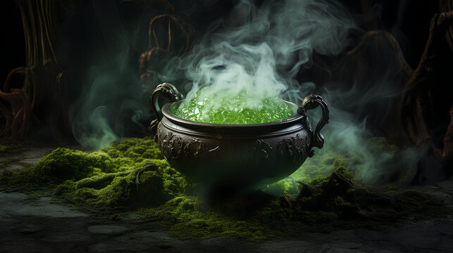 Realistic witch cauldron in a spooky scene with green colored smoke. Witch cauldron for Halloween.