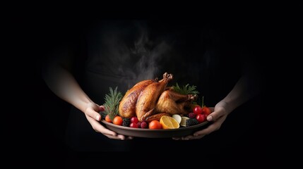 Woman hands hold plate with cooked thanksgiving turk