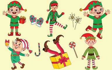 Christmas Elves Set of 6 - Pack of Elf for Graphic Designers and Xmas Lovers with Christmas Doodles and a Boy Wearing Elf Costume