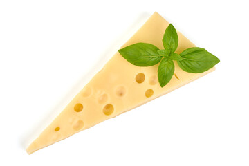 Maasdam cheese, dairy yellow triangle cheese with holes, isolated on white background.