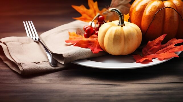 Autumn place setting with fall leaves napkin and pum