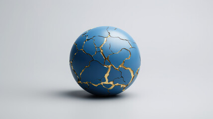 Globe of Earth's Resilience: Blue Ceramic Planet with Detailed Gilded Earth Cracks, Embodying Kintsugi Philosophy