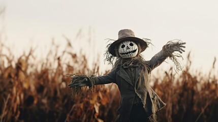 Halloween scarecrow on a field thanksgiving harvest