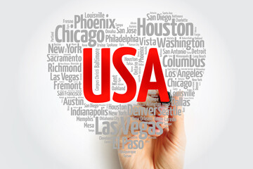 List of cities and towns in USA composed in love sign heart shape, word cloud collage, business and...