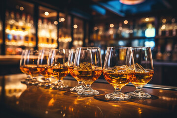 Glasses of whiskey with ice are on the bar