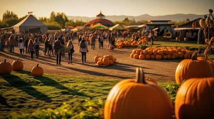 pumpkin patch farm fall autumn festival with people