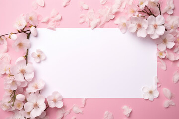 Fototapeta na wymiar A white postcard with a flower branch lies on a pink background, a place for text