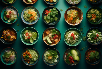 plates with several types of food on a green background, generative ai