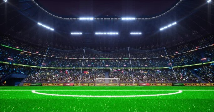 Soccer Stadium arena, blue light lit, crowd fans, empty playground, photo flashlight. 4k 3d render