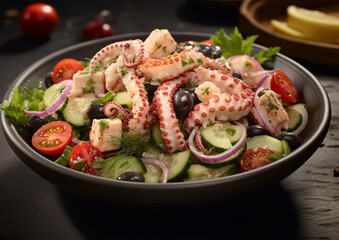 Bowl with octopus salad with vegetables and herbs on table.Macro.AI Generative