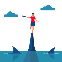 Business risk. Way to success. Obstacle on the road. Search solution. Businesswoman standing rock ledge. Vector illustration flat design. Dangers on the way to success.