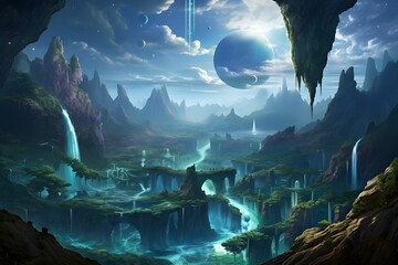 an image of a breathtaking fantasy landscape with floating islands, vibrant alien flora, and...