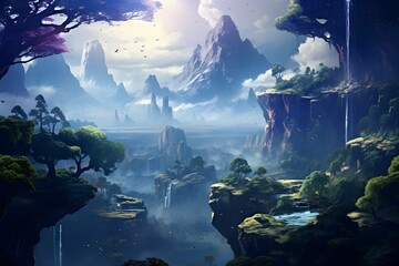  an image of a breathtaking fantasy landscape with floating islands, vibrant alien flora, and mythical creatures. Imagine a world where the impossible becomes possible. - obrazy, fototapety, plakaty