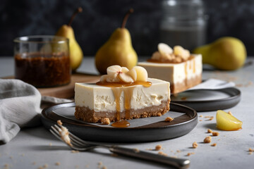 Pear Mousse Cheesecake Bars . White kitchen. Bright and, generative ai