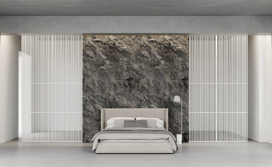 3d rendering of modern bedroom with with a large soft bed,floor lamp, concrete floor. Texture of a plastered white wall. Imitation of the texture of stone and cement on the wall.