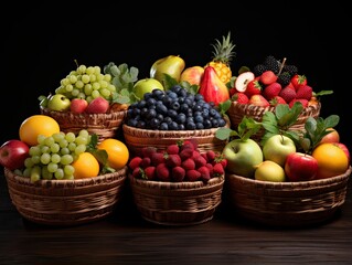 Closeup selection of colorful healthy superfood, a collection of fresh organic delicious fruits and berries in wooden baskets on black background