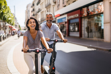Obraz premium Joyride Getaway: Couple Gleefully Navigating the City on a Scooter, Celebrating Travel, Togetherness, and the Essence of a Well-Deserved Break.