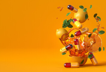 Medical and scientific concept, flying vitamin C oranges capsules, juice splash, yellow background, 3D rendering