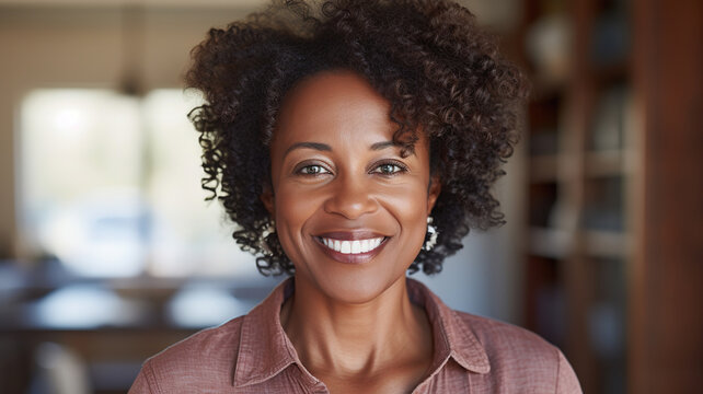 Middle aged black woman smiling, close up indoor portrait