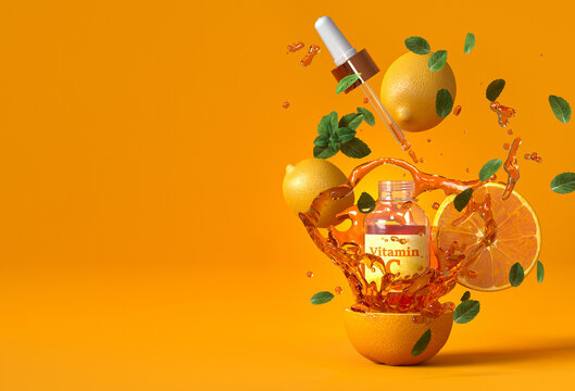 Medical and scientific concept, flying vitamin C bottles, drops in a dropper, pipette, oranges, juice splashes, yellow background, 3D rendering