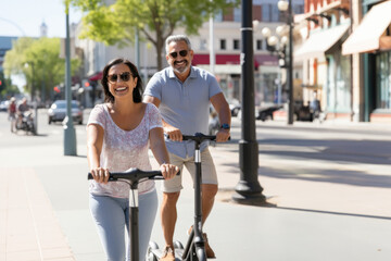 Joyride Getaway: Couple Gleefully Navigating the City on a Scooter, Celebrating Travel, Togetherness, and the Essence of a Well-Deserved Break.