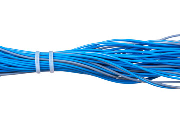 Bunch of blue fiber optic cable network isolated on white background
