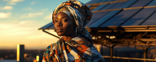 Fototapeta premium Fusing Traditions with Tomorrow: Black Woman in Traditional Attire Harnessing Digital Technology to Craft a Sustainable and Inclusive Future.
