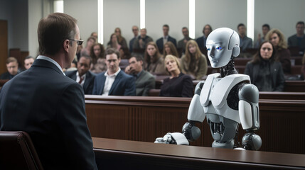 AI Ethics, humanoid Robot Defendant in Modern Courtroom with Diverse Jurors