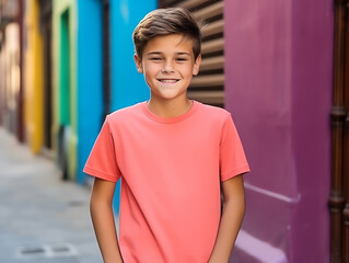 Cute boy wearing blank empty orange t-shirt mockup for design template