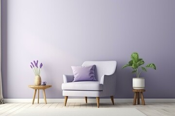 Vertical living room mockup in trendy lavender color with a sitting place. Generative AI