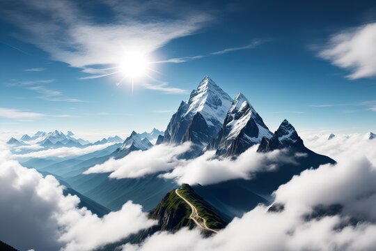 A picture of a mountain and the sky with clouds and the sun is shining.
