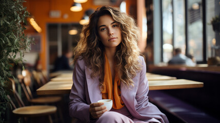 young woman in a pink and orange outfit sits in a coffee shop