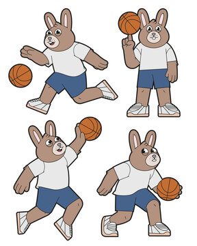 Basketball rabbit cartoon isolated vector illustration set.