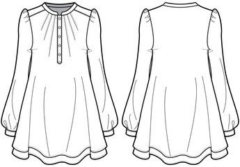 Women shift dress design flat sketch fashion illustration drawing with front and back view. Shirt dress with mandarin collar vector template