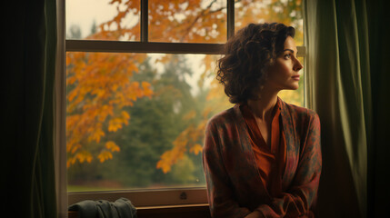 thoughtful and absent-minded woman standing by the window in the autumn