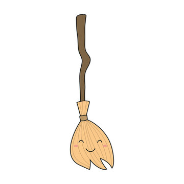 recommend clip art: Broom, broomstick with kawaii face Halloween cartoon character illustration. Cartoon style line art design, isolated vector. Kids seasonal print element, autumn holiday party, cosplay, decoration