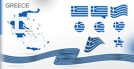 Greece flags set. Various designs. Map and capital city. World flags. Vector set. Circle icon. Template for independence day. Collection of national symbols. Ribbon with colors of the flag. Athens