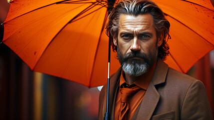 man in a trench coat, holding a rustic orange umbrella