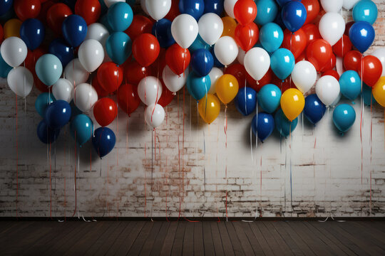 Festive photo area with decorations from colorful balloons. Copy space for text