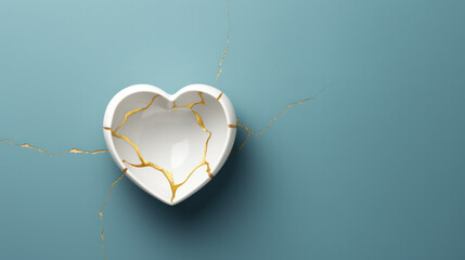 Emotional Bond's Resurgence: White Marble Heart with Ornate Gilded Fault Lines, Conveying Kintsugi Elegance