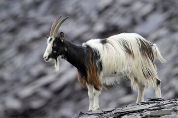 British Primitive Goat (Capra hircus) in Disused Slate Quarry in Snowdonia - 647791766