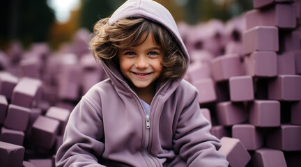 child in a purple hoodie, smile while playing with soft purple building blocks