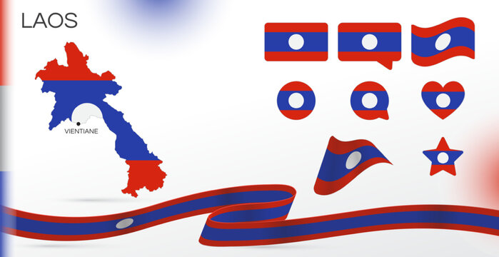 Laos flags set. Various designs. Map and capital city. World flags. Vector set. Circle icon. Template for independence day. Collection of national symbols. Ribbon with colors of the flag.
