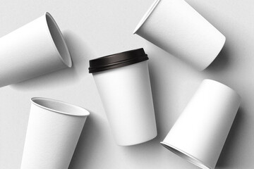 Realistic set paper coffee cups on white background. 3D vector mockup
