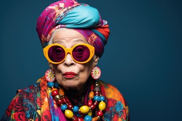 Elderly woman wearing colorful clothes. Generative AI