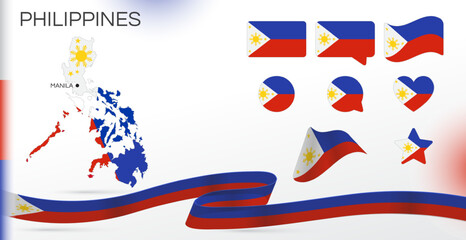 Philippines flags set. Various designs. Map and capital city. World flags. Vector set. Circle icon. Template for independence day. Collection of national symbols. Ribbon with colors of the flag.